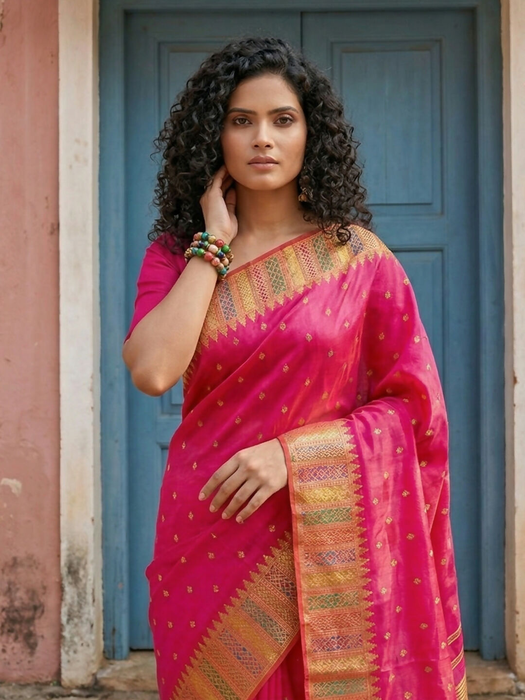 Pink Silk Blend Saree with Matching Blouse Piece