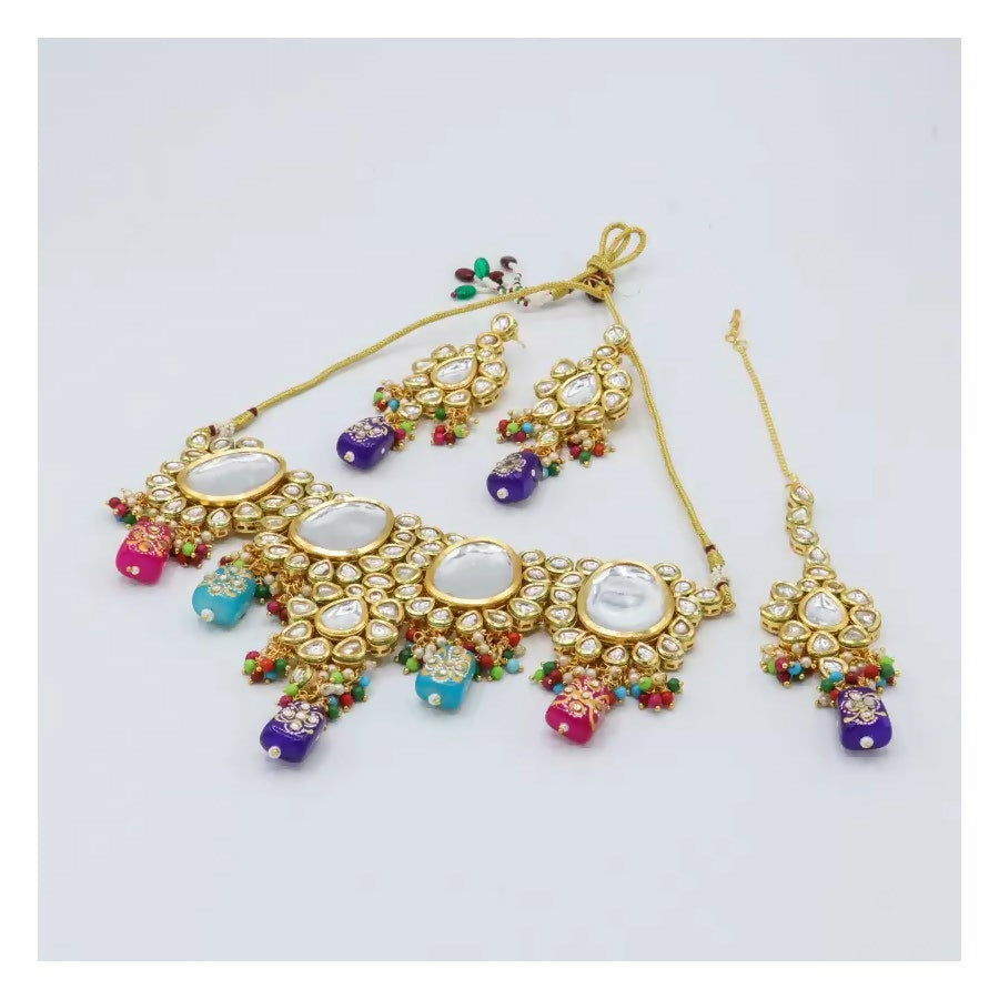 Multicolor Kundan work necklace set with gold plated finish and adjustable cord