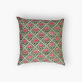 Hand-block printed olive green and pink floral linen throw pillow cover on a neutral sofa.