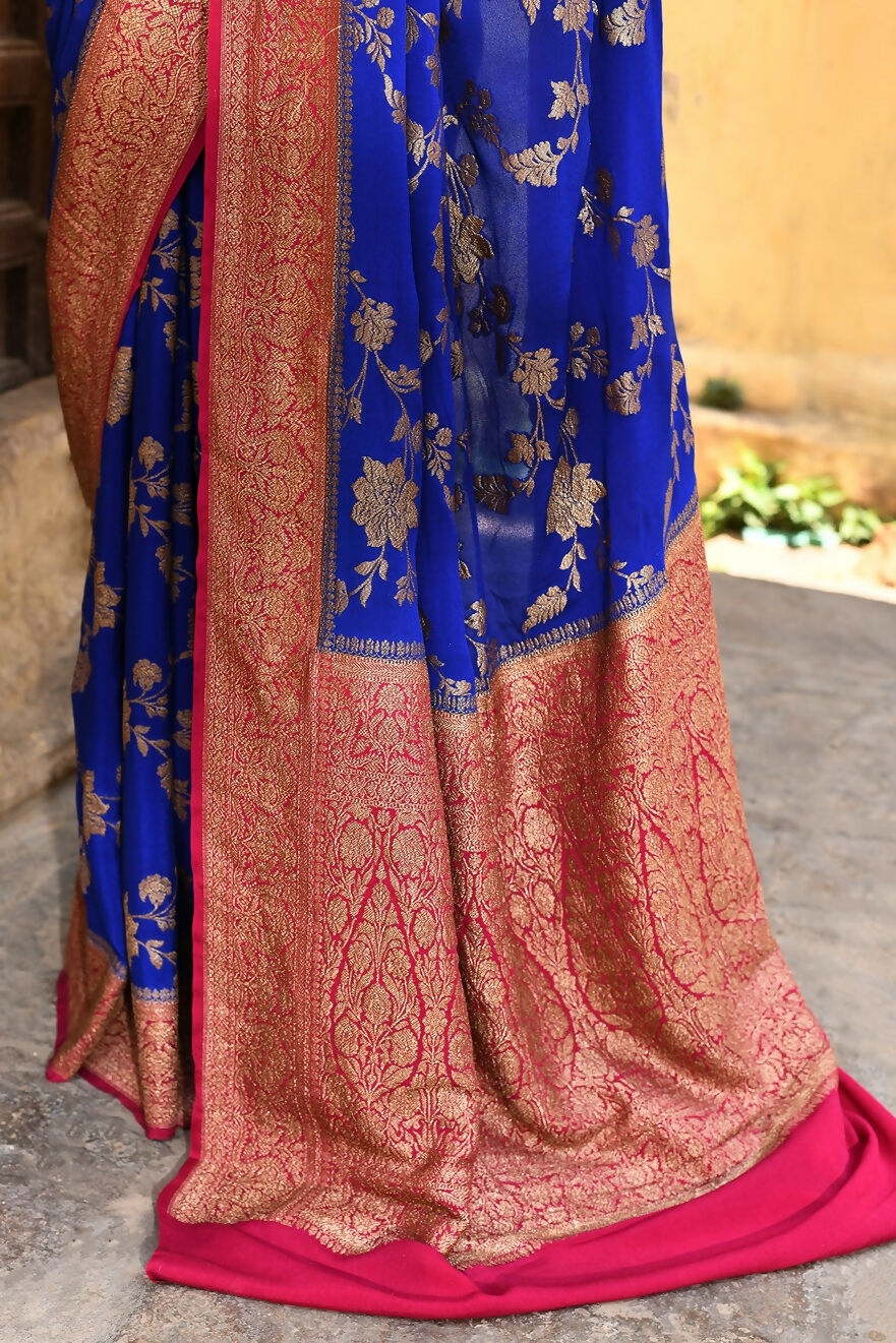 Ink Blue Crepe Chiffon Handloom Banarasi Silk Saree