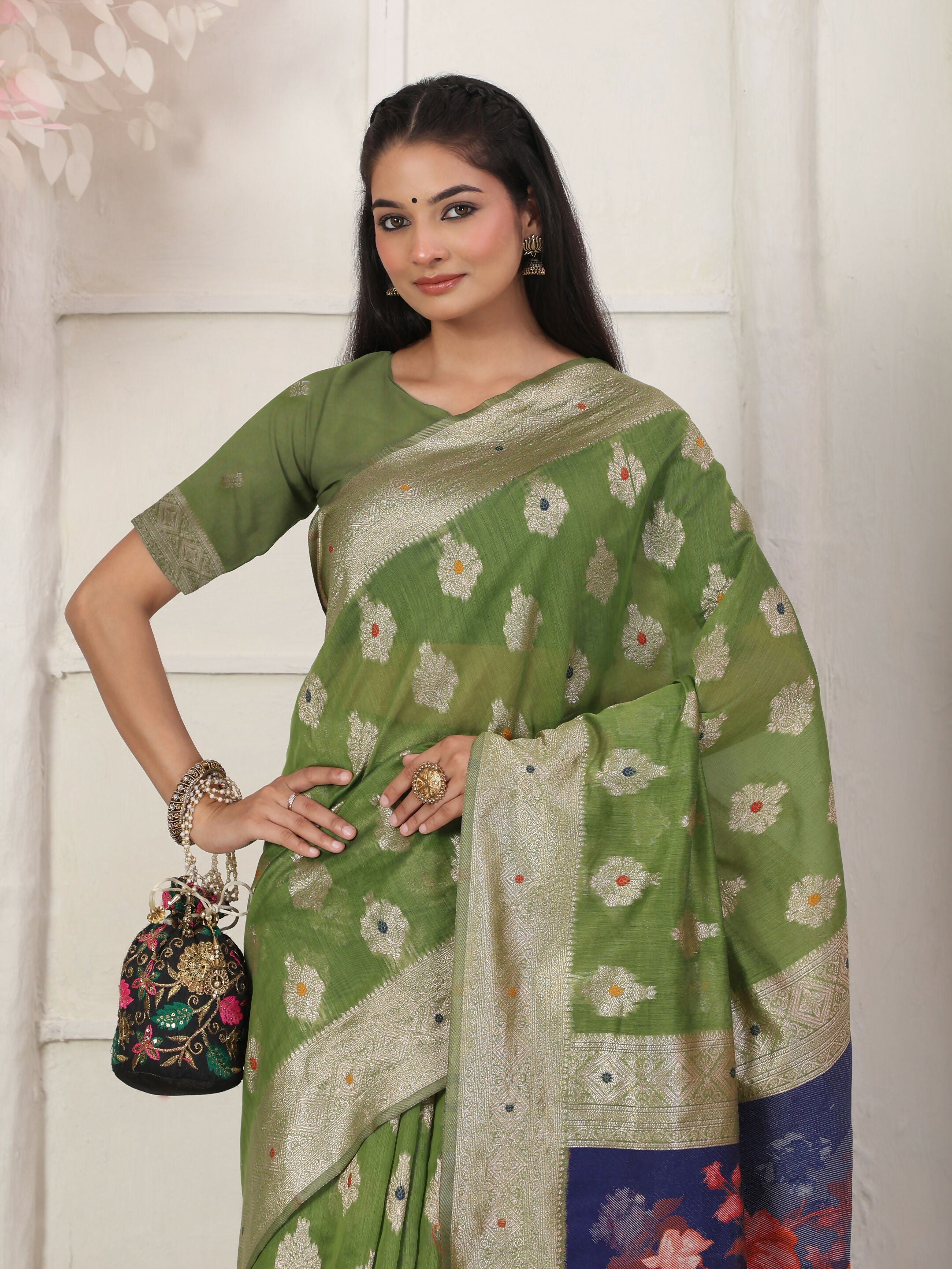 Green Linen Cotton Saree with Matching Blouse