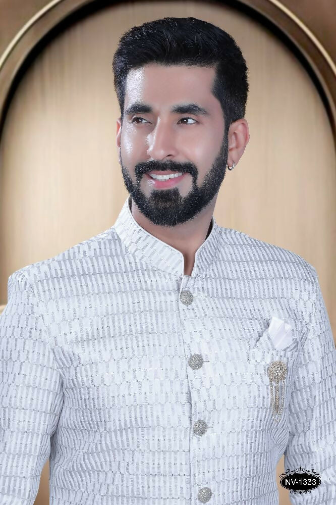 Men's Grey & White Cotton Silk Kurta with Pyjama Indo-Western Set