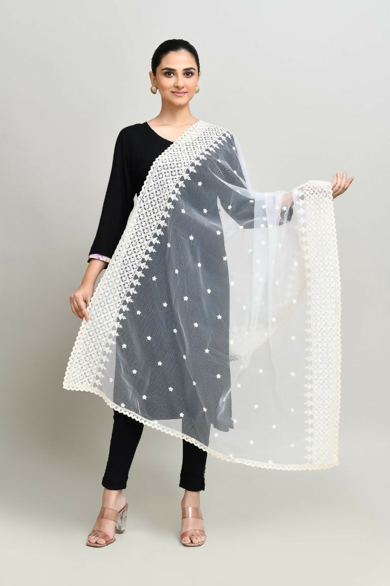 White cotton Pakistani Karanchi dupatta with detailed white embroidery work
