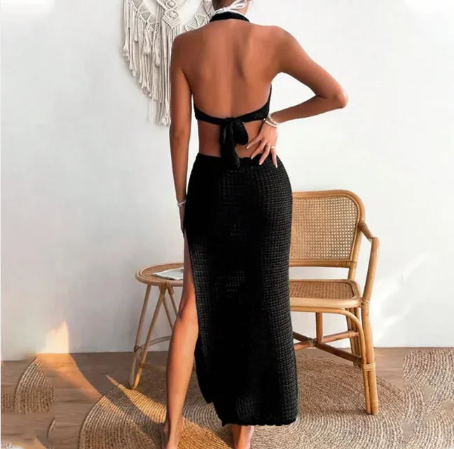 Women's Crochet Halter Maxi Beach Cover Up Dress with Side Slit - Image 22