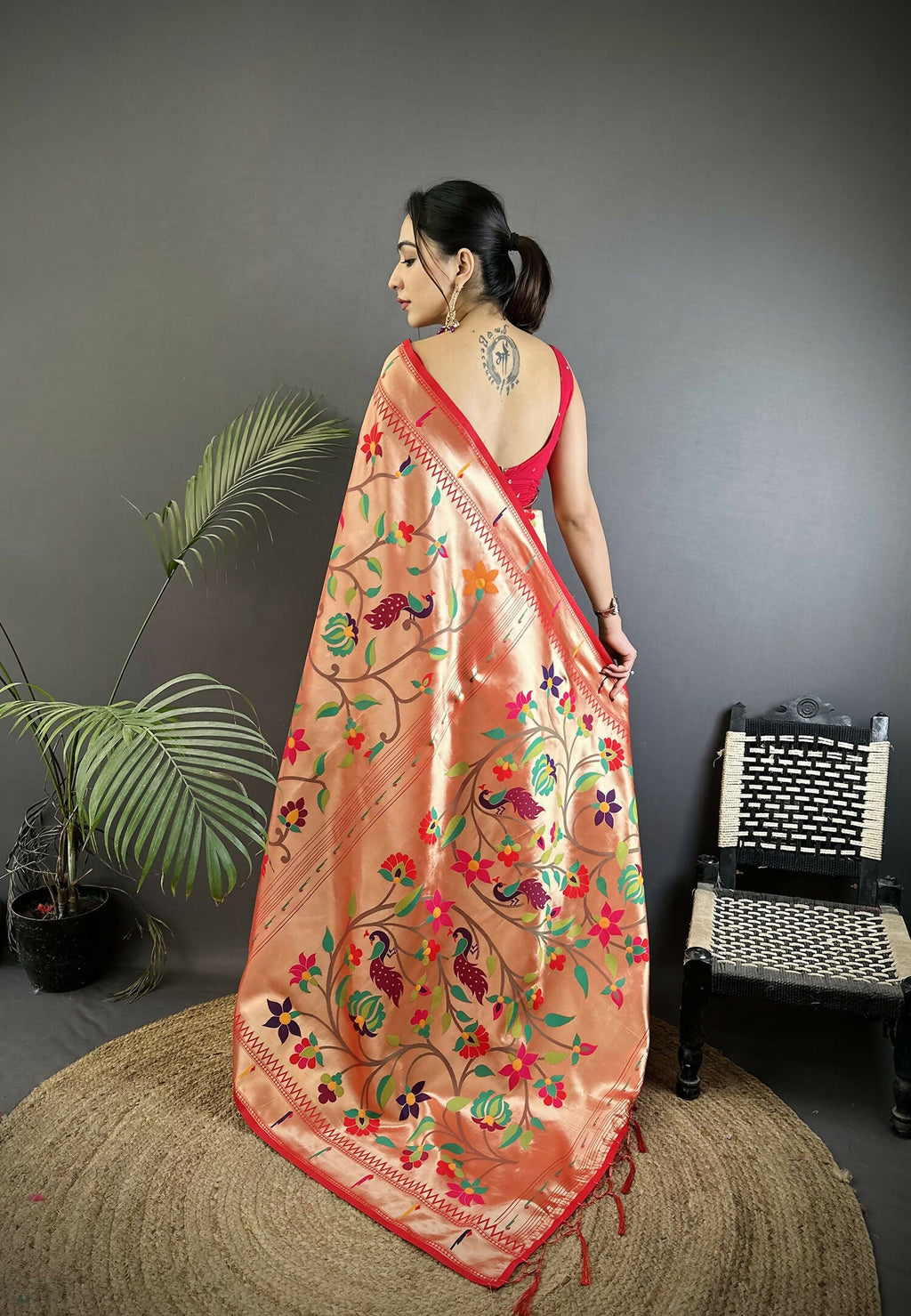 Pink Floral & Peacock Motif Soft Silk Paithani Saree