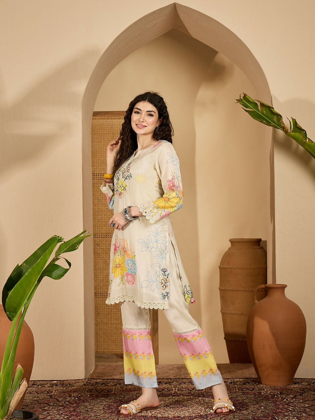 Soft cream colored printed pure cotton co-ord set for women.