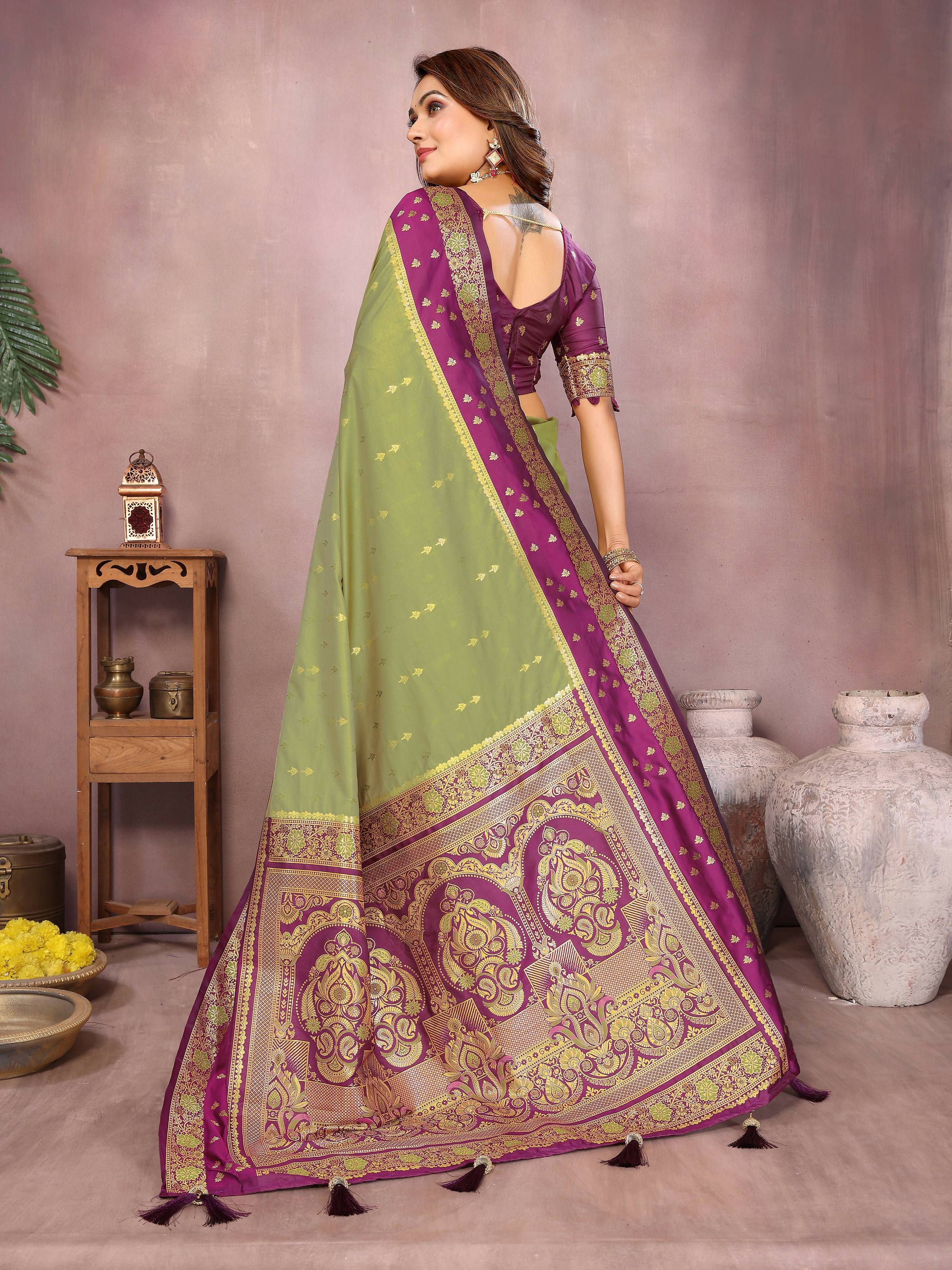 Mehndi Kalamkari Silk Zari Woven Saree with Traditional Motifs