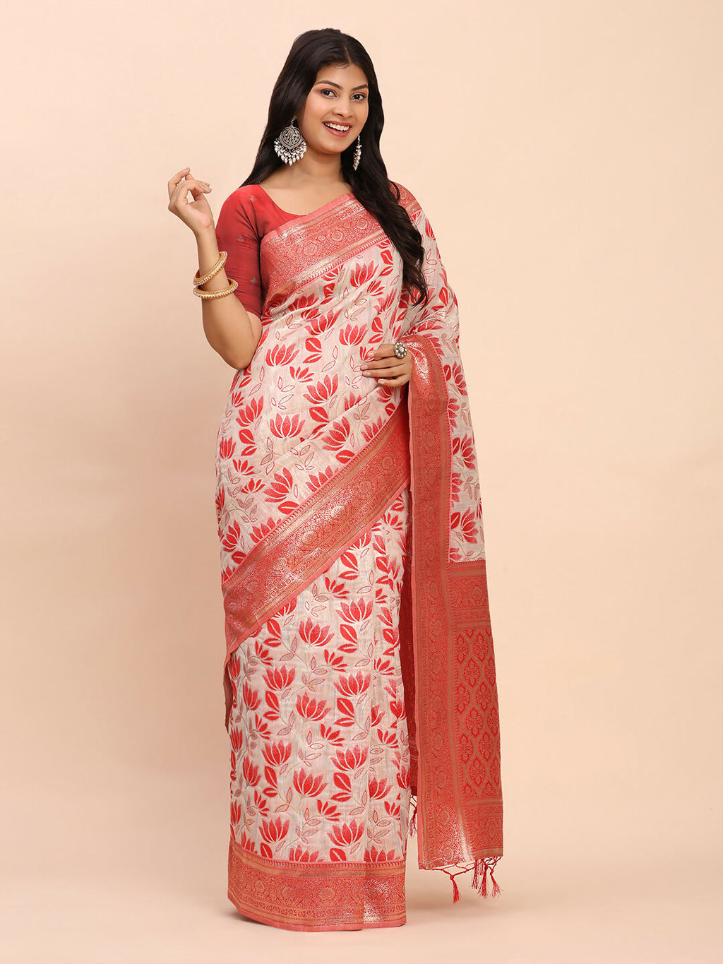Red Linen Cotton Saree with Matching Blouse Piece