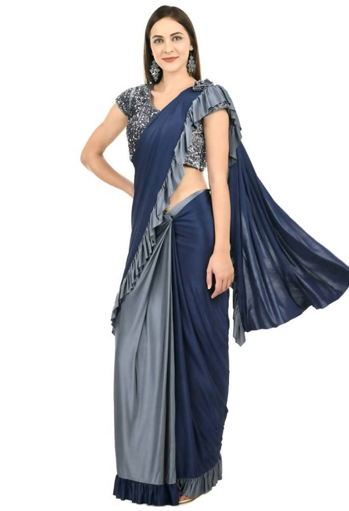 Gray and Blue Ruffled Ready-to-Wear Lycra Saree with Sequin Blouse
