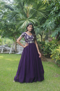 Elegant purple floor-length Anarkali dress with sequins on faux blooming fabric