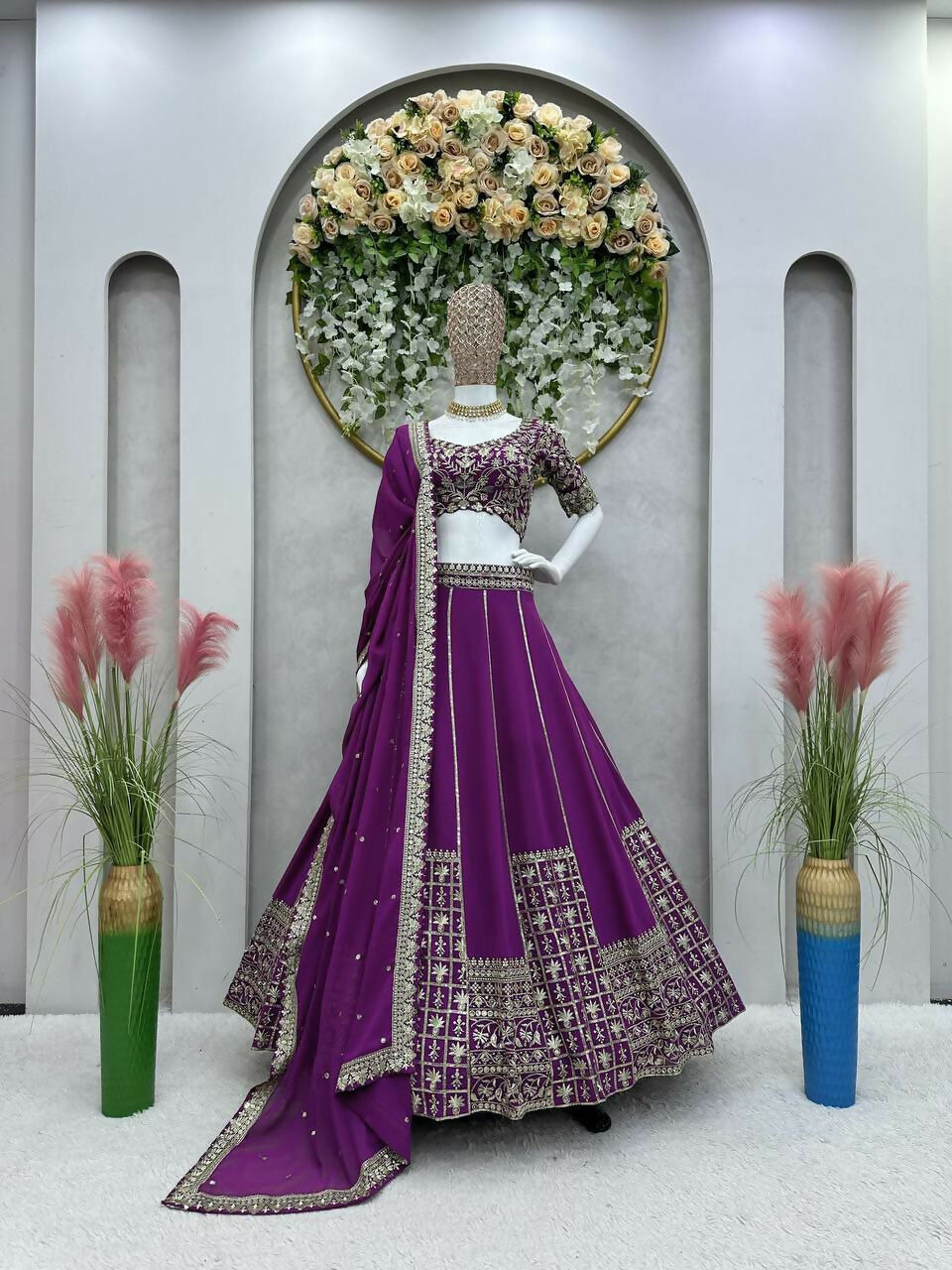 Wine Faux Georgette Sequin Embroidered Lehenga Choli Set