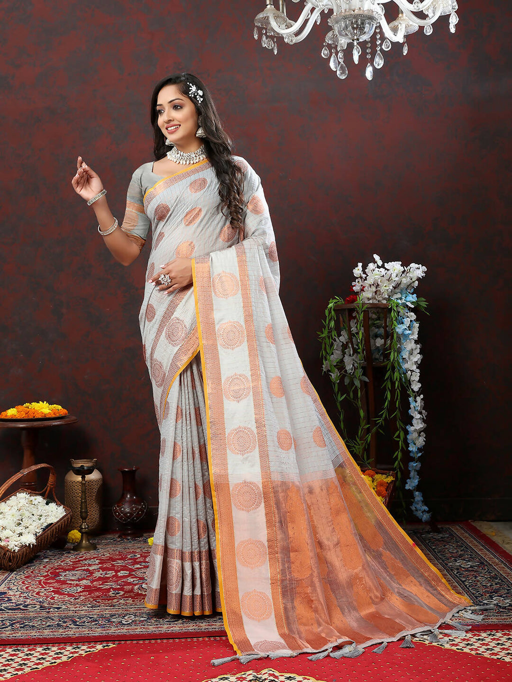 Lorenvalley Fashion Grey Cotton with Woven Design Zari Weaving Saree