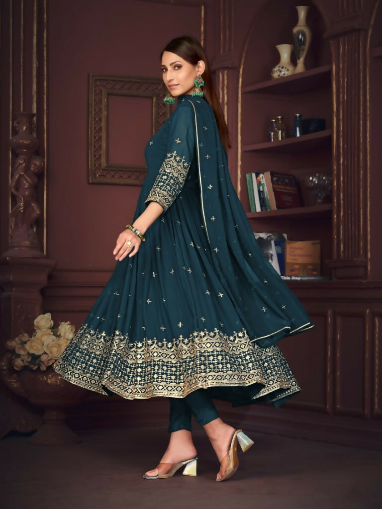 Jyoti Fashion Women's Rama Georgette Embroidered Anarkali Kurta Pant Set With Dupatta