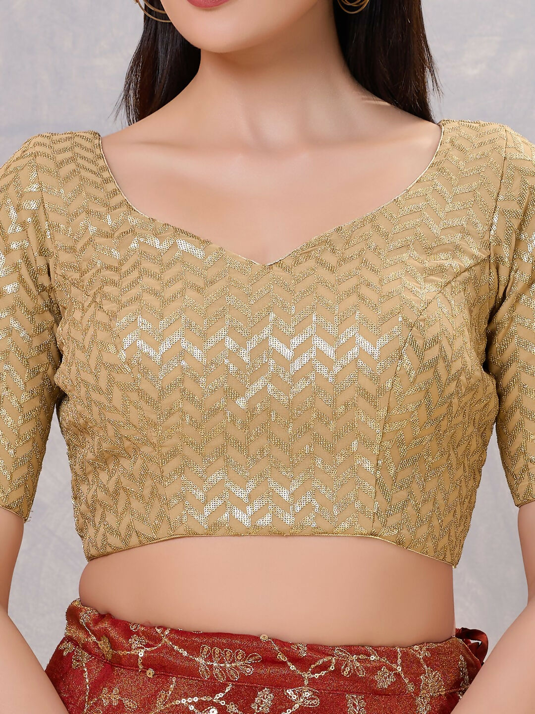 Gold Silk Stitched Blouse with V-Neck for Women