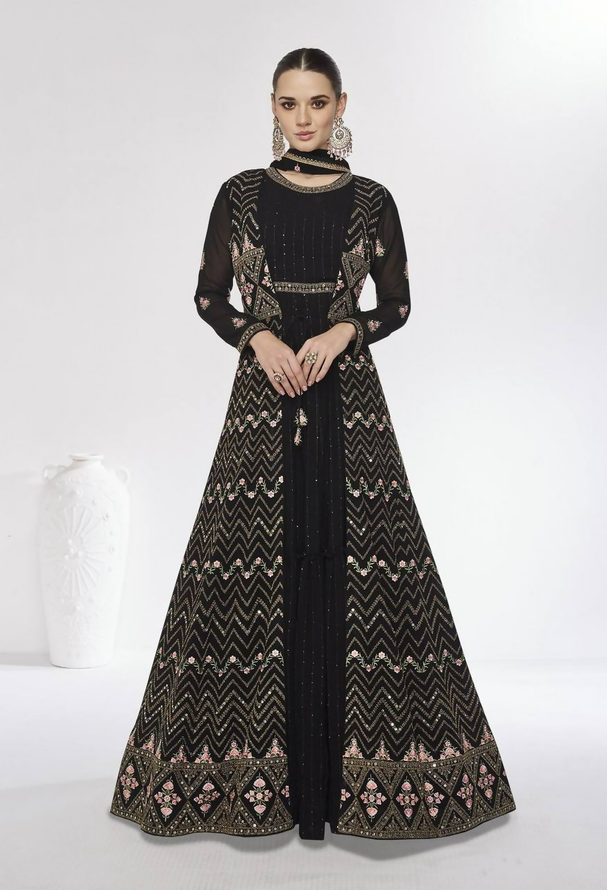 Black Faux Georgette Embroidery Gown with Matching Jacket Set