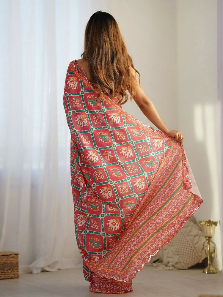 Red Georgette Digital Print Saree with Intricate Mirror Work