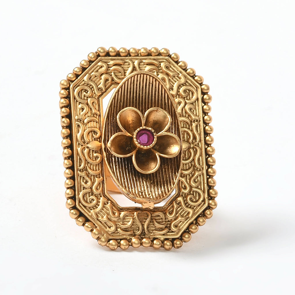 Elegant gold-polished adjustable finger ring with detailed stone inlay