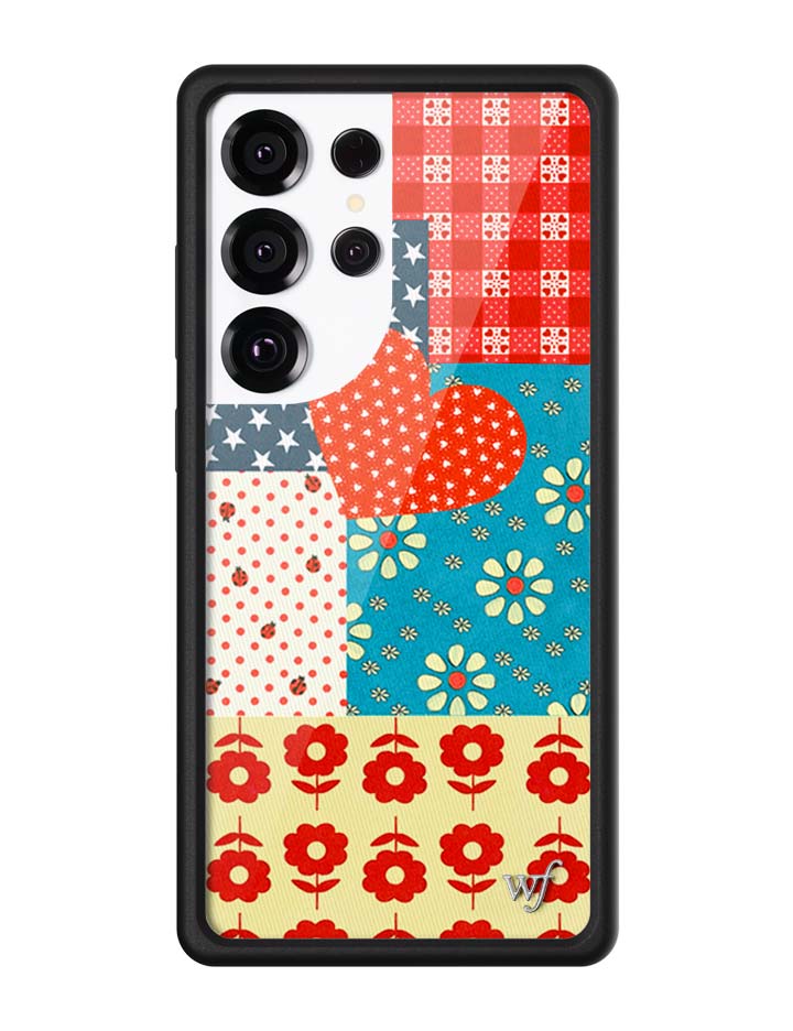 Flower Patch Samsung Galaxy case featuring a patchwork of plaid, ladybug, retro floral, and heart prints with a black protective border.