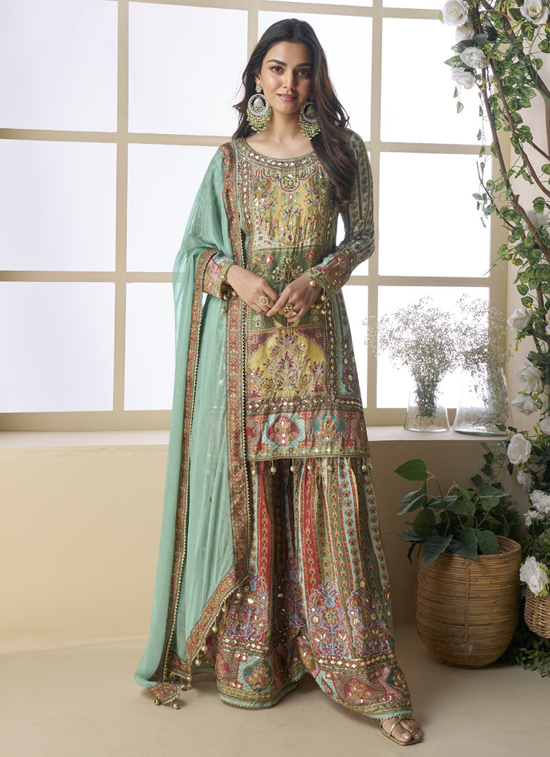 See Green Crepe Silk Digital Print Palazzo Suit with Aari Work