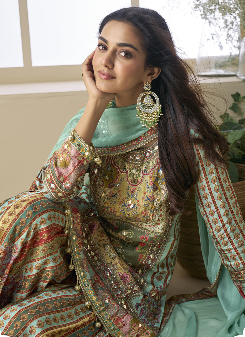 See Green Crepe Silk Digital Print Palazzo Suit with Aari Work