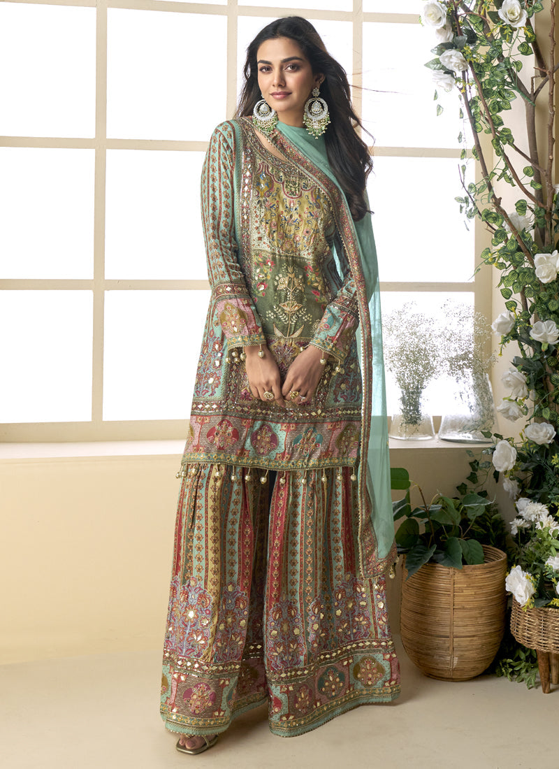 See Green Crepe Silk Palazzo Suit with digital print and Aari work embroidery