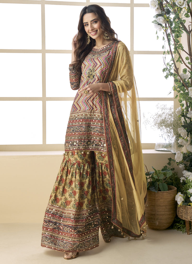 Beige Crepe Silk Digital Print Palazzo Suit With Aari Work