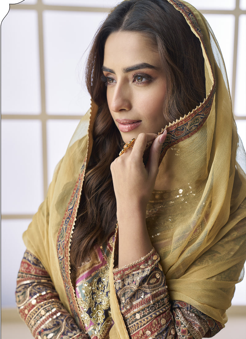 Beige Crepe Silk Digital Print Palazzo Suit With Aari Work