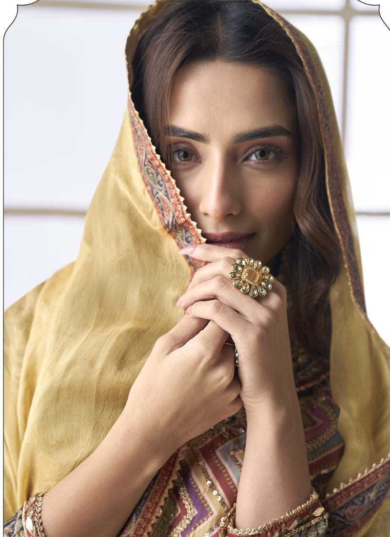 Beige Crepe Silk Digital Print Palazzo Suit With Aari Work