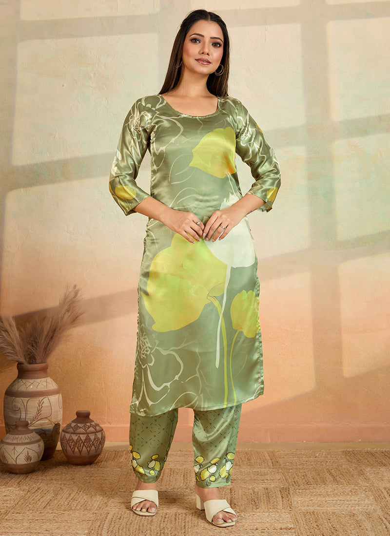 Mahendi green printed cotton rayon kurta and pant set, showcasing vibrant ethnic patterns.