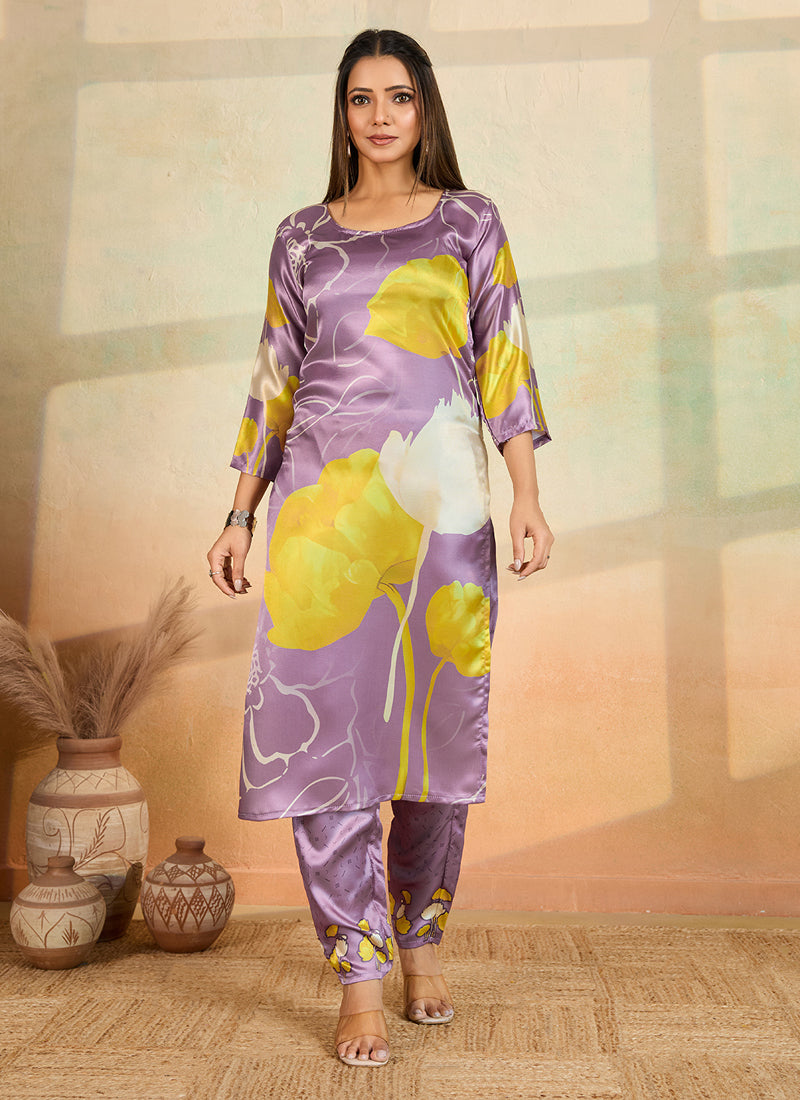 Light lavender printed cotton rayon kurta pant set on display