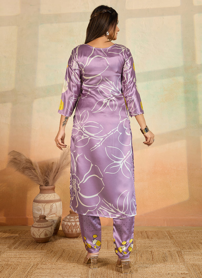 Light Lavender Printed Cotton Rayon Kurta Pant Set