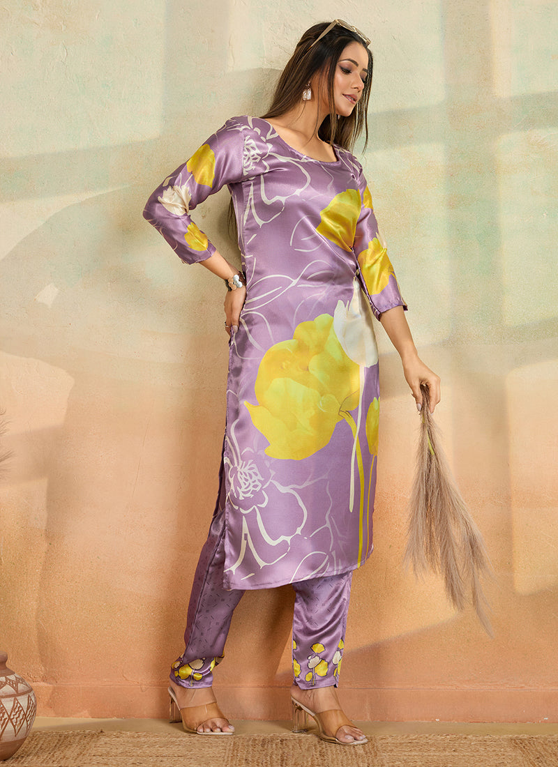 Light Lavender Printed Cotton Rayon Kurta Pant Set