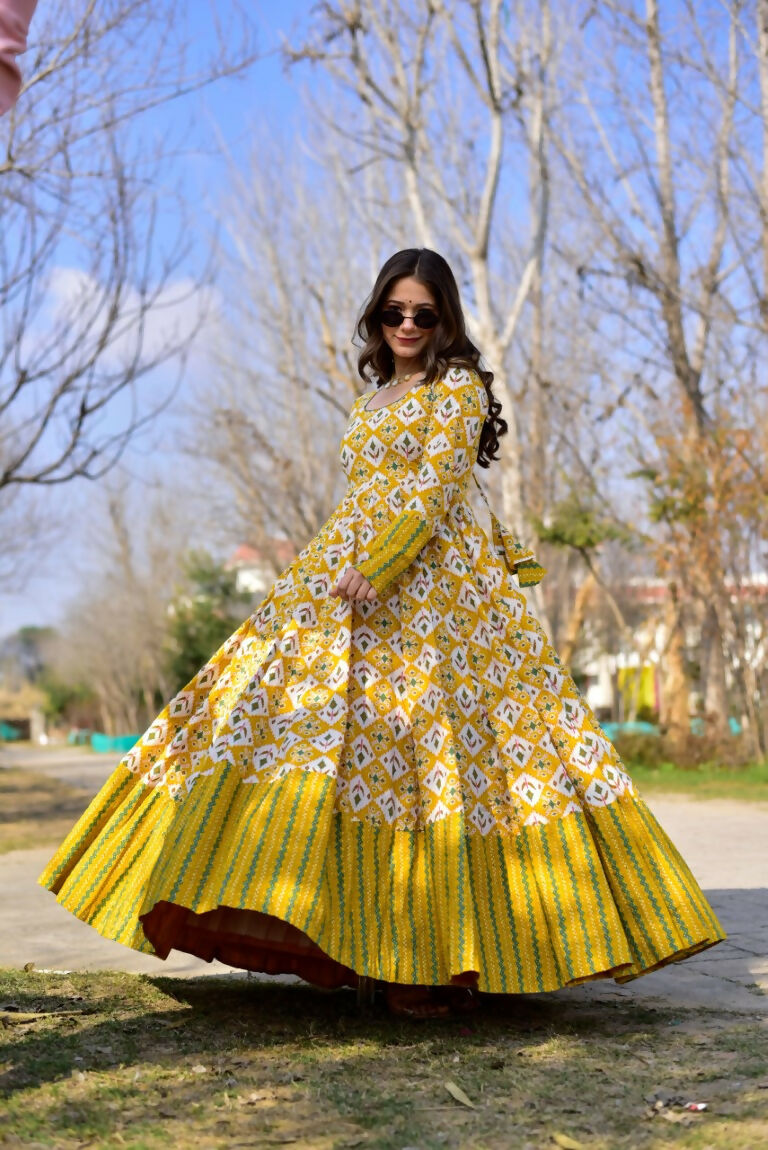 Mustard colored cotton silk Anarkali dress with intricate heavy digital print