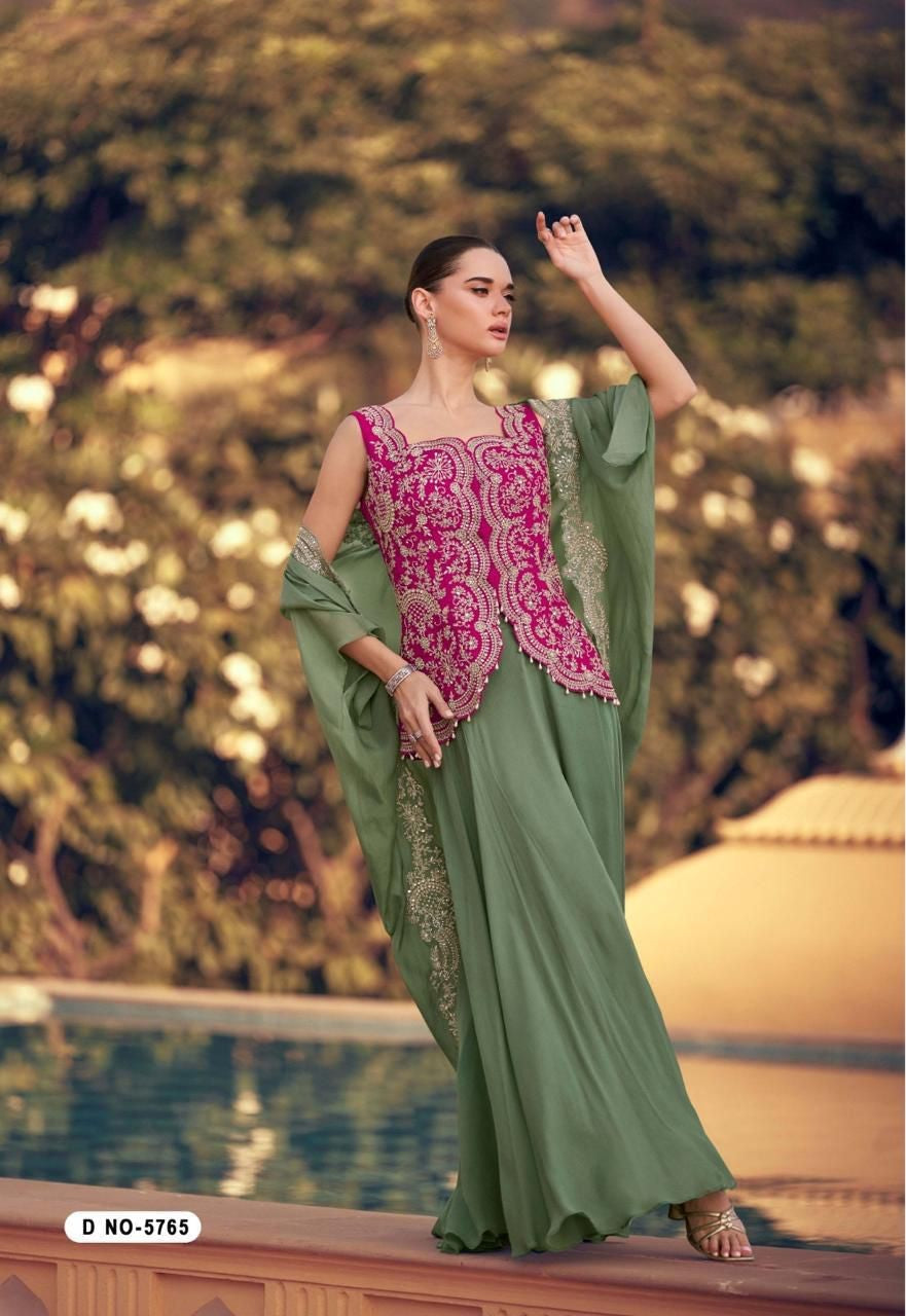 Pink Chinon Indo-Western Wedding Gown Set with Green Bottom & Dupatta