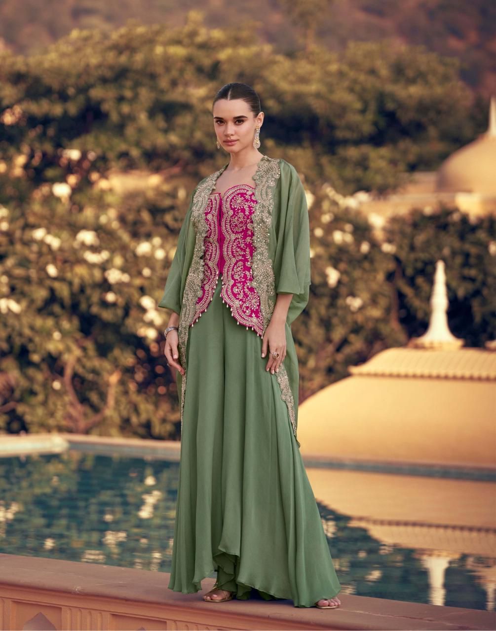 Aarshi Fashions pink chinon indo-western kurta set with green bottom and dupatta