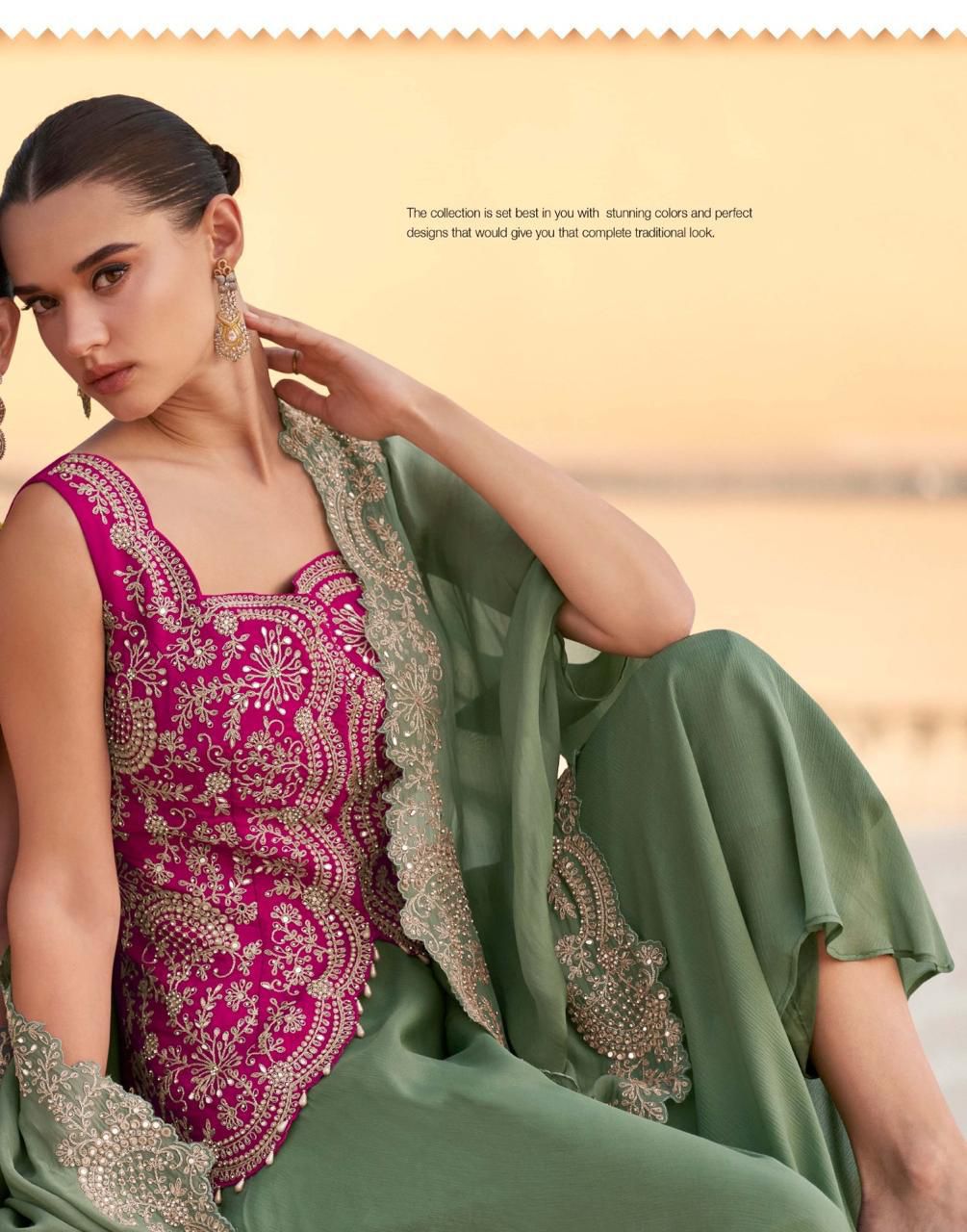 Pink Chinon Indo-Western Wedding Gown Set with Green Bottom & Dupatta