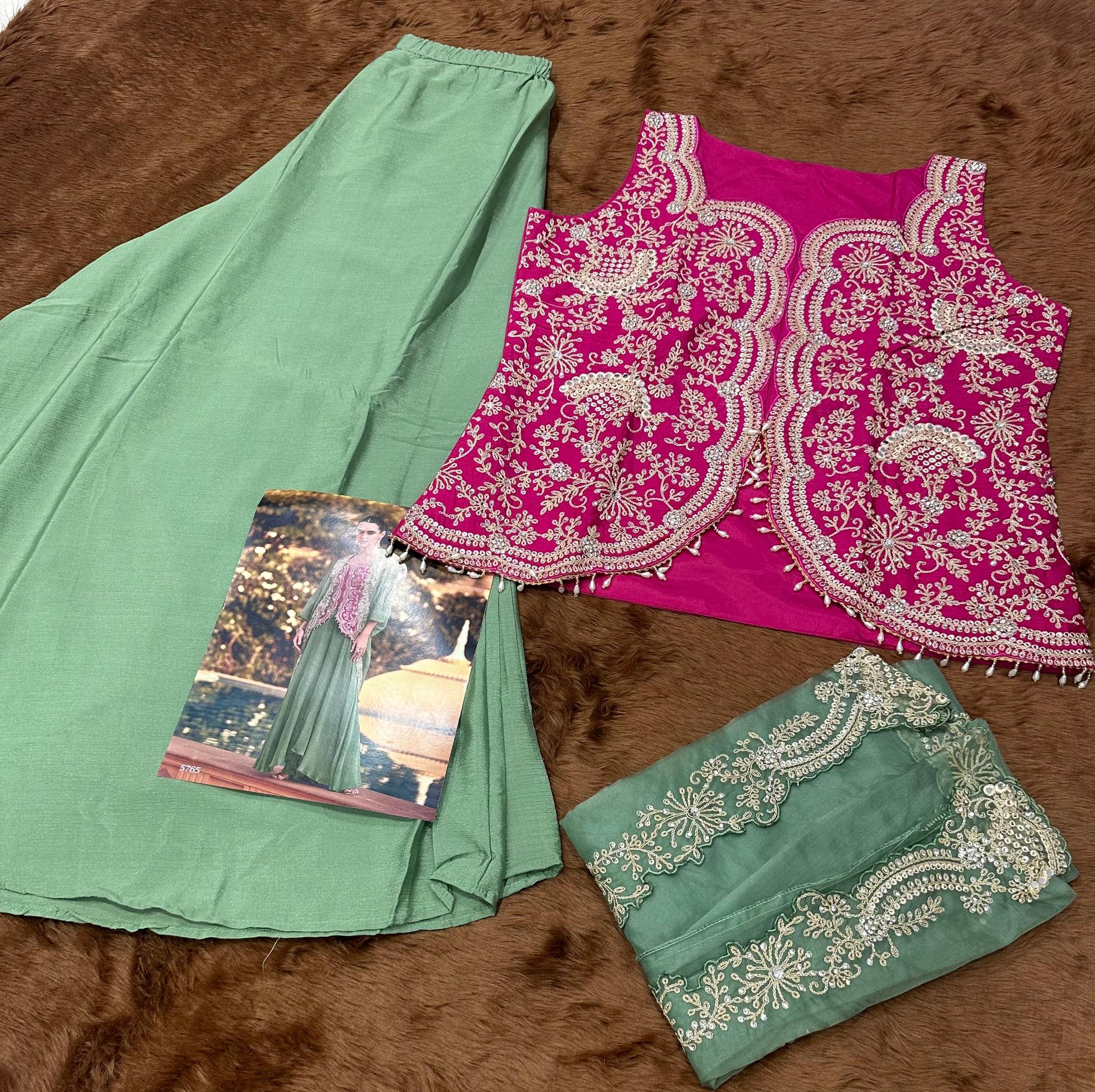 Pink Chinon Indo-Western Wedding Gown Set with Green Bottom & Dupatta