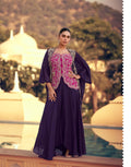 Aarshi Fashions pink Chinon Indo-Western wedding gown set with blue dupatta
