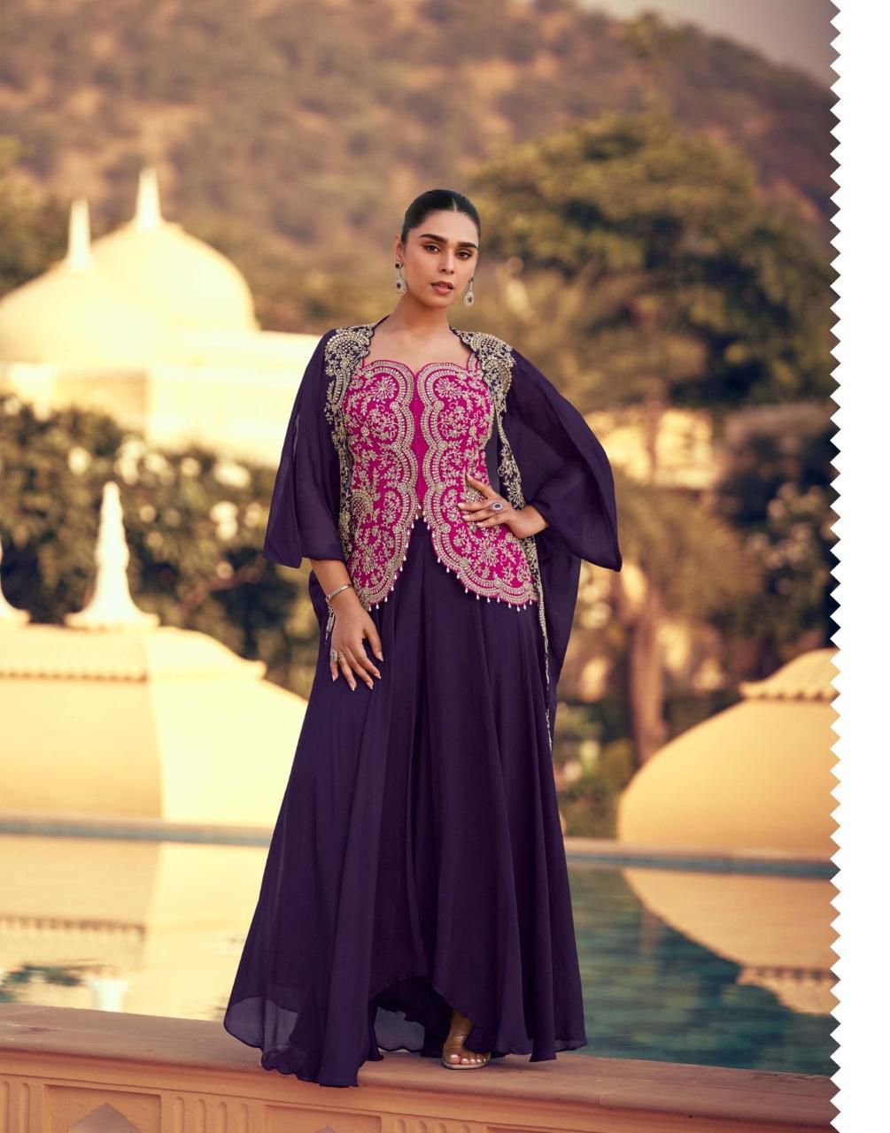 Aarshi Fashions pink Chinon Indo-Western wedding gown set with blue dupatta