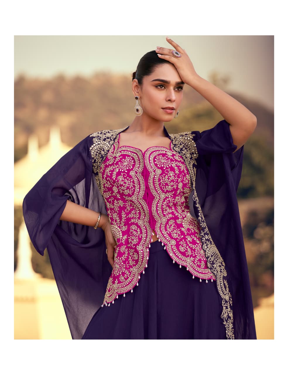 Pink Chinon Indo-Western Wedding Gown Set with Blue Accents