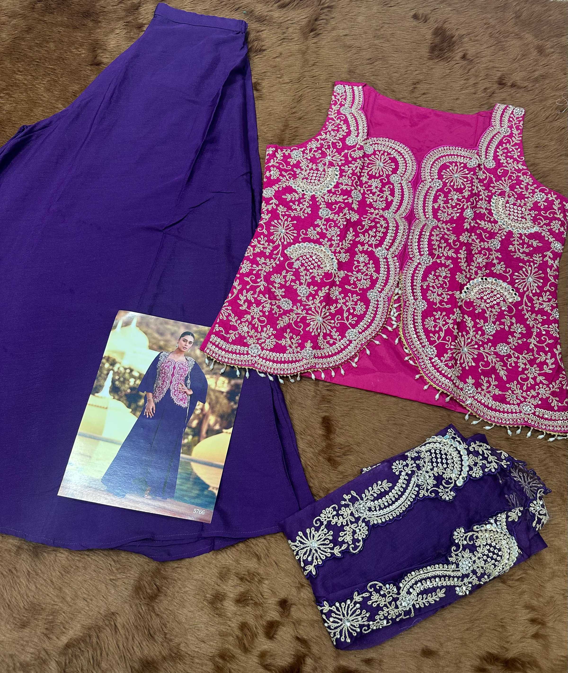 Pink Chinon Indo-Western Wedding Gown Set with Blue Accents