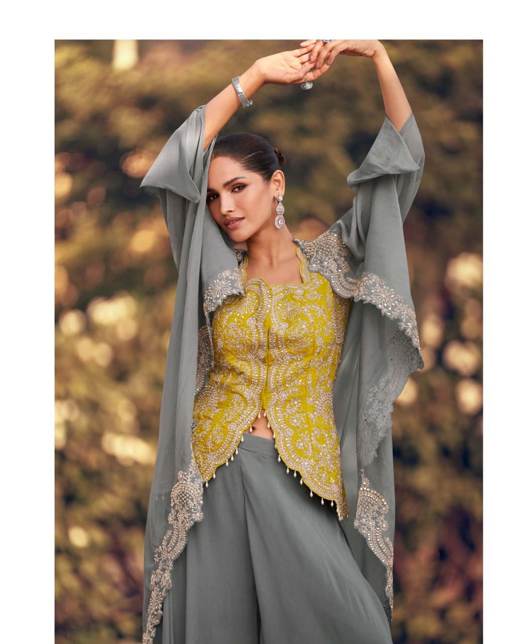 Yellow Chinon Indo-Western Wedding Gown Set with Grey Accents