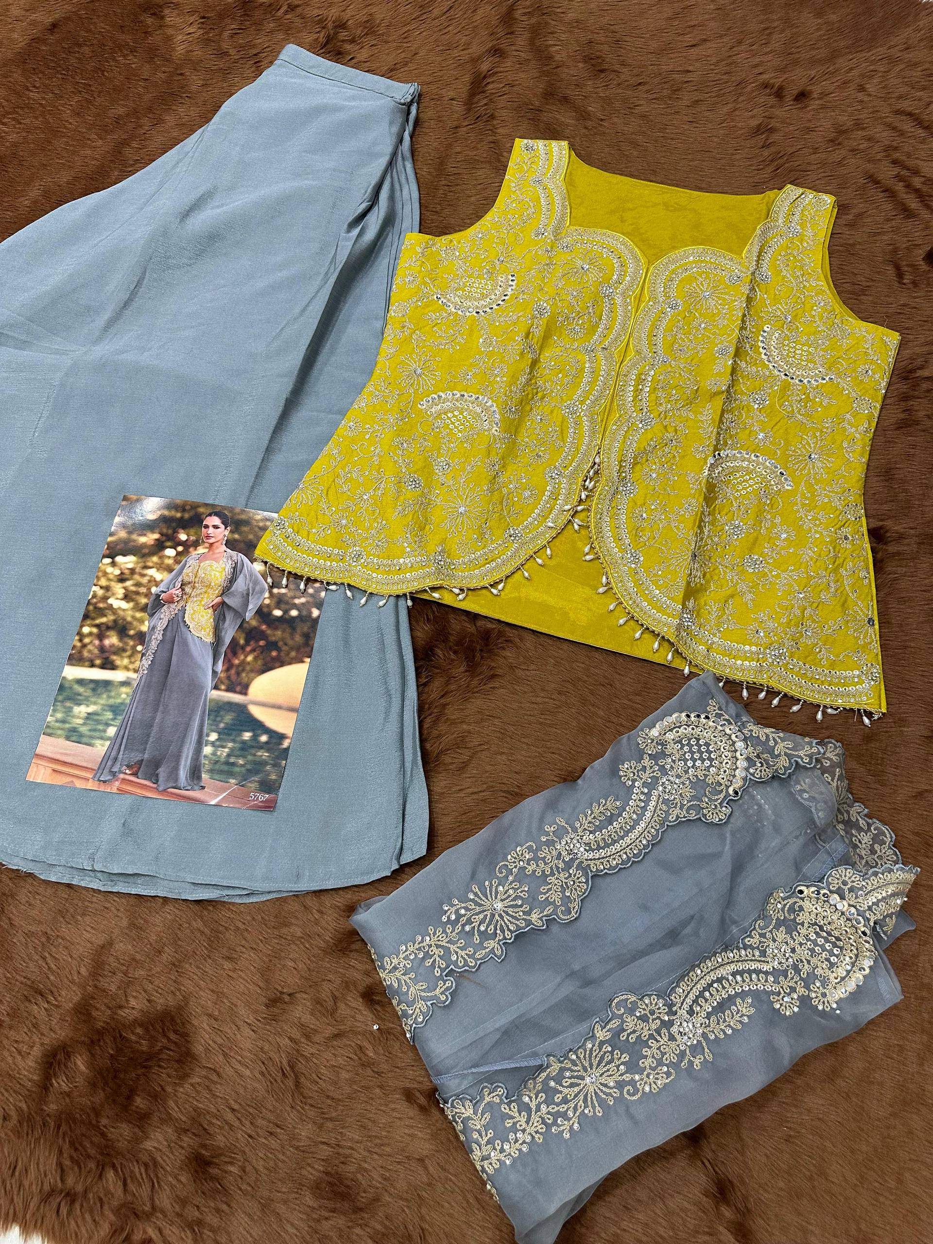 Yellow Chinon Indo-Western Wedding Gown Set with Grey Accents