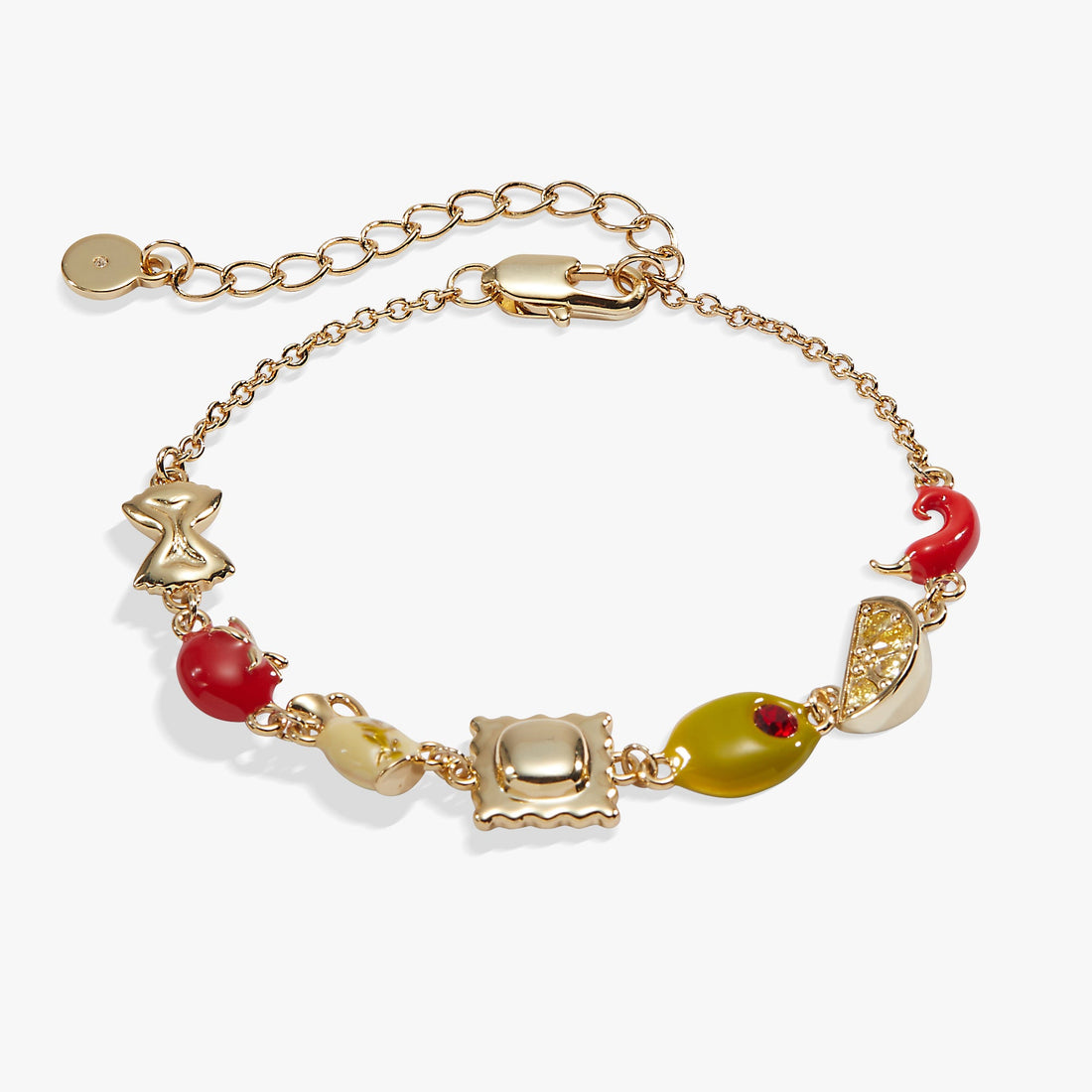 A linear charm bracelet featuring Italian-themed charms including bowtie pasta, ravioli, tomato, olive, and chili pepper.