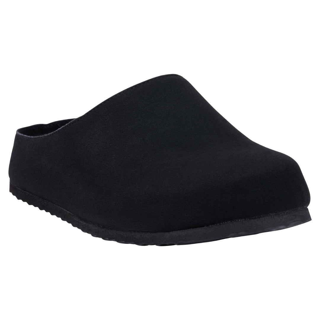 A pair of black mule-style slip-on slippers with a soft upper and durable sole on a white background.