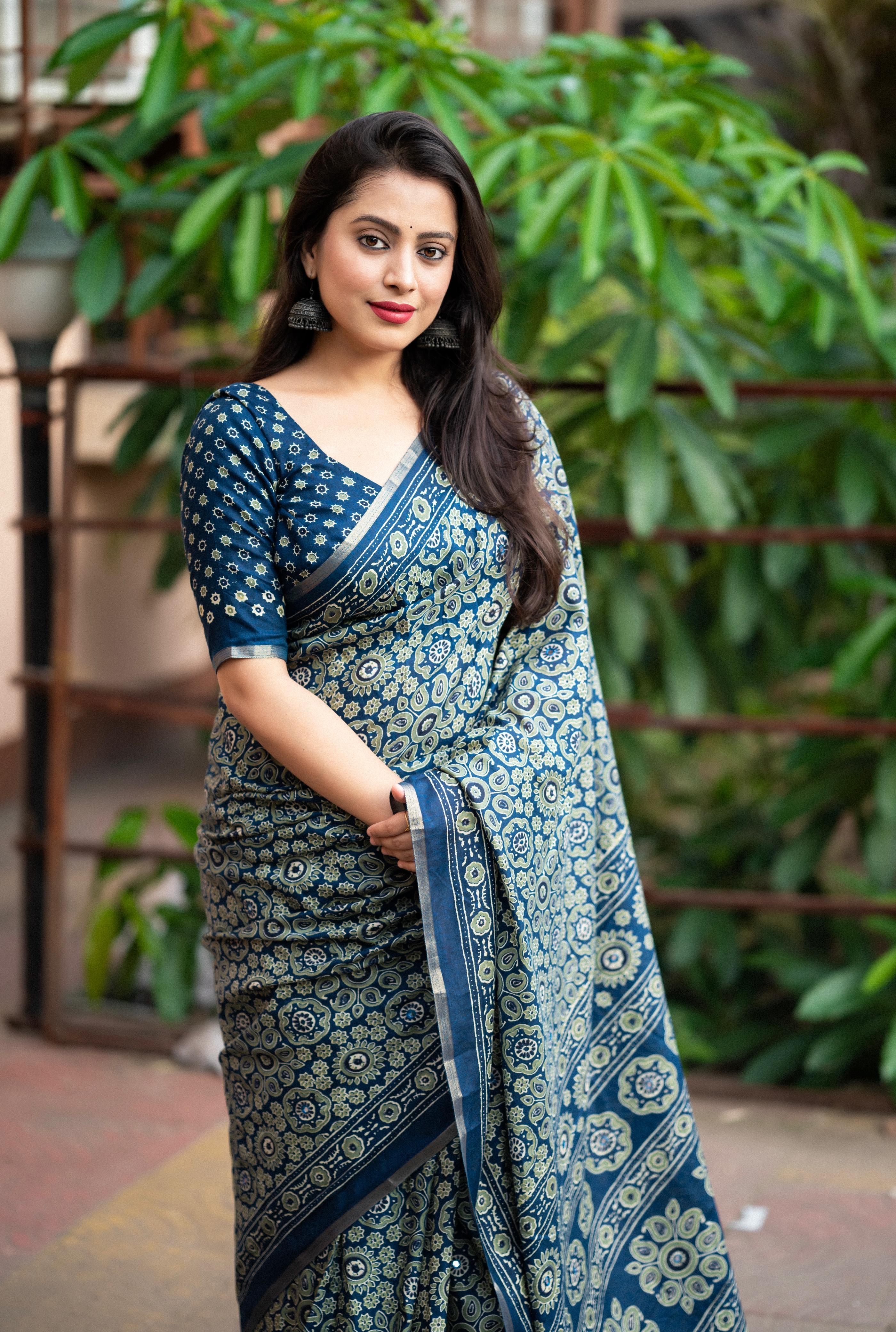 Blue Ajrak Print Cotton Blend Saree with Zari Border