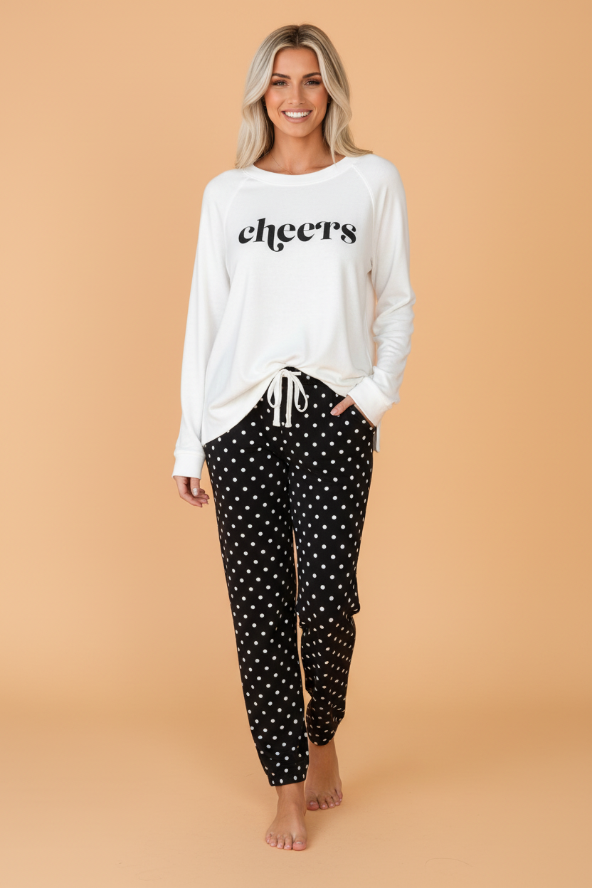 Cheers Letter Print Polka Dot Top & Pant Set