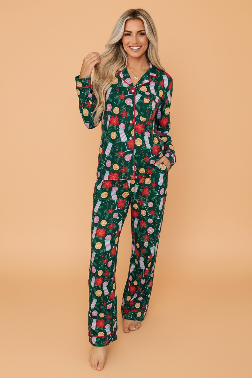 Christmas Buttoned Collar Top & Pants Pajama Set