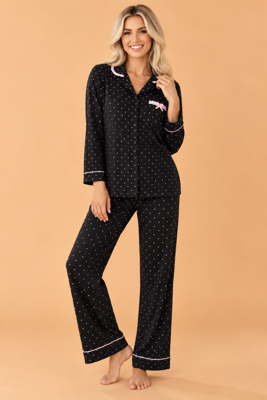 Polka Dot Long Sleeve Shirt & Pants Pajama Set