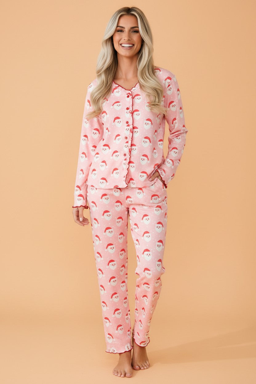 Christmas Santa Frilled Buttoned Top & Pants Set